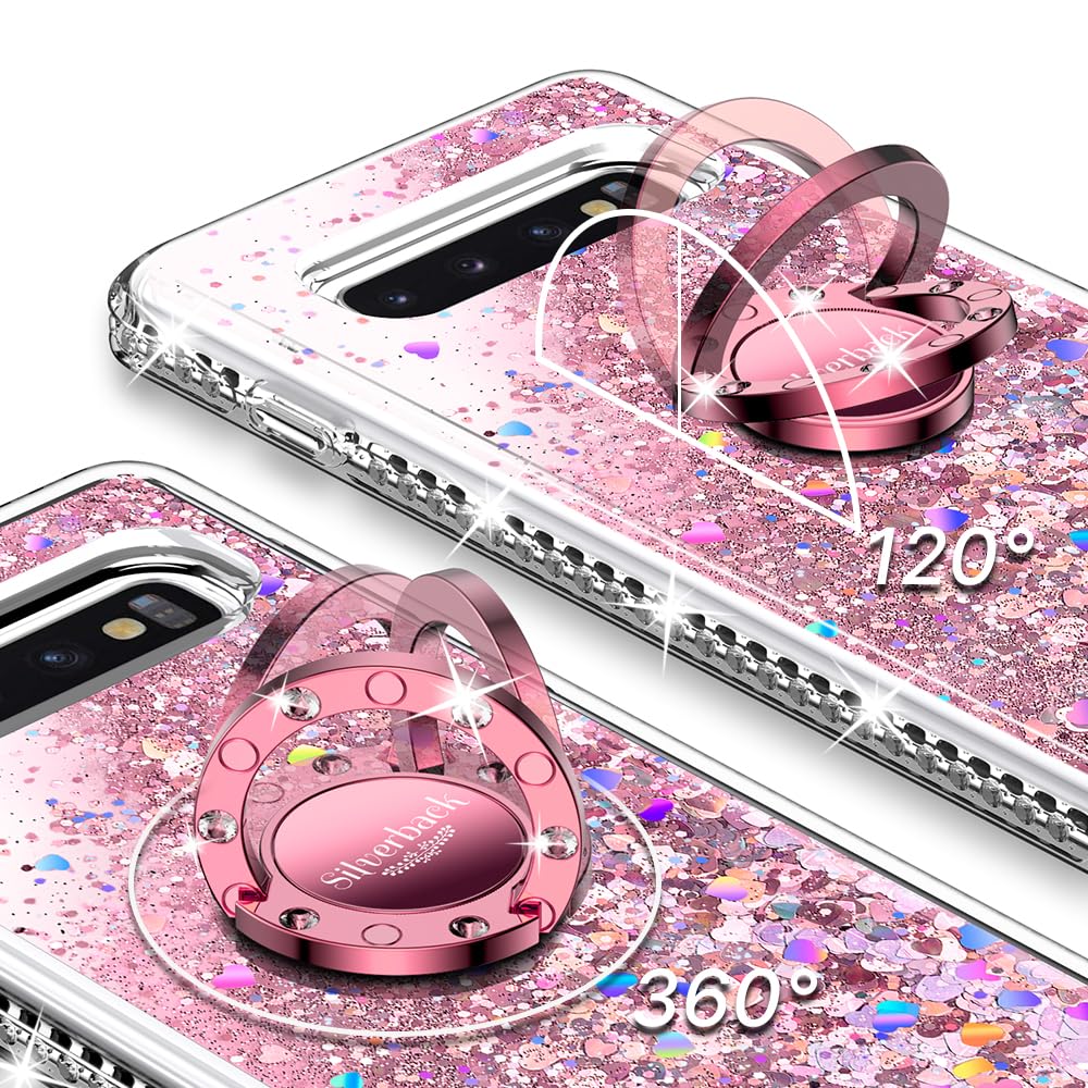 Silverback for Samsung Galaxy S10 Case, Moving Liquid Holographic Sparkle Glitter Case with Kickstand, Bling Diamond Rhinestone Bumper Ring Slim Protective Galaxy S10 Case for Girls Women - Pink