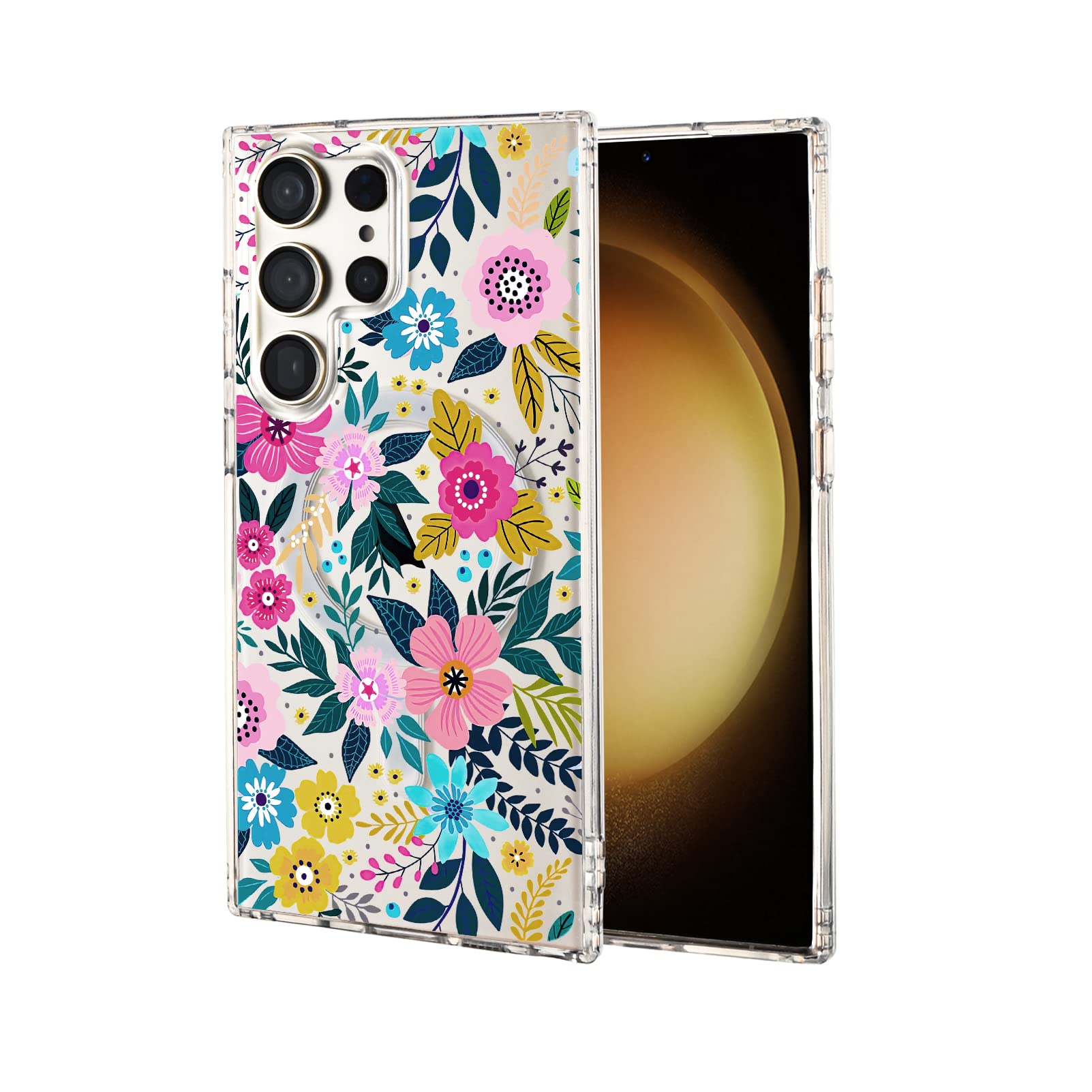 Tcaraersing Crystal Clear Flower Magnetic Case for Samsung Galaxy S23 Ultra MagSafe PC Back Cover Soft TPU Edges Slim Thin Shockproof Silicone Floral Pattern Girl Women S23 Ultra 6.8'' Colorful Floral