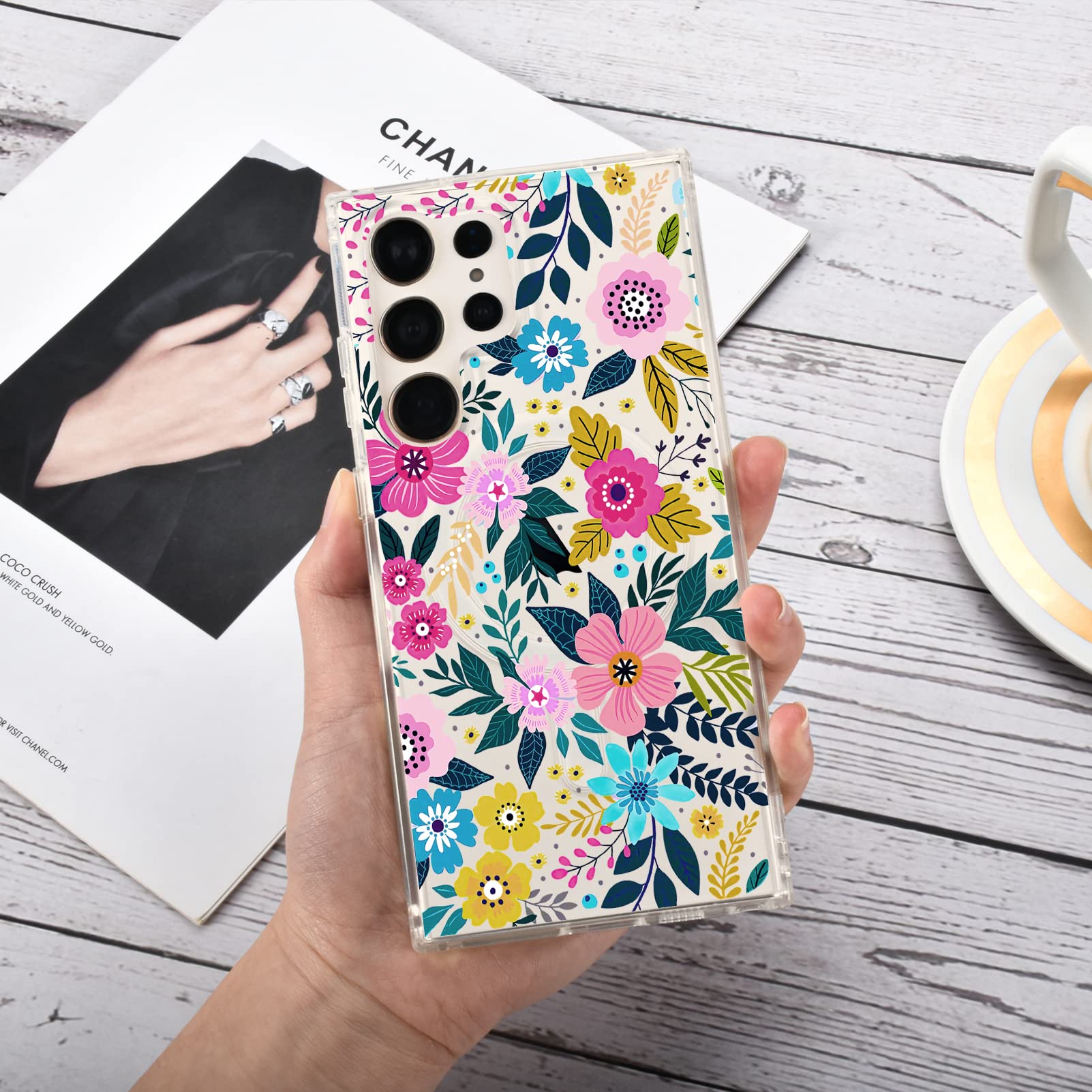 Tcaraersing Crystal Clear Flower Magnetic Case for Samsung Galaxy S23 Ultra MagSafe PC Back Cover Soft TPU Edges Slim Thin Shockproof Silicone Floral Pattern Girl Women S23 Ultra 6.8'' Colorful Floral