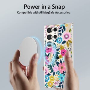 Tcaraersing Crystal Clear Flower Magnetic Case for Samsung Galaxy S23 Ultra MagSafe PC Back Cover Soft TPU Edges Slim Thin Shockproof Silicone Floral Pattern Girl Women S23 Ultra 6.8'' Colorful Floral