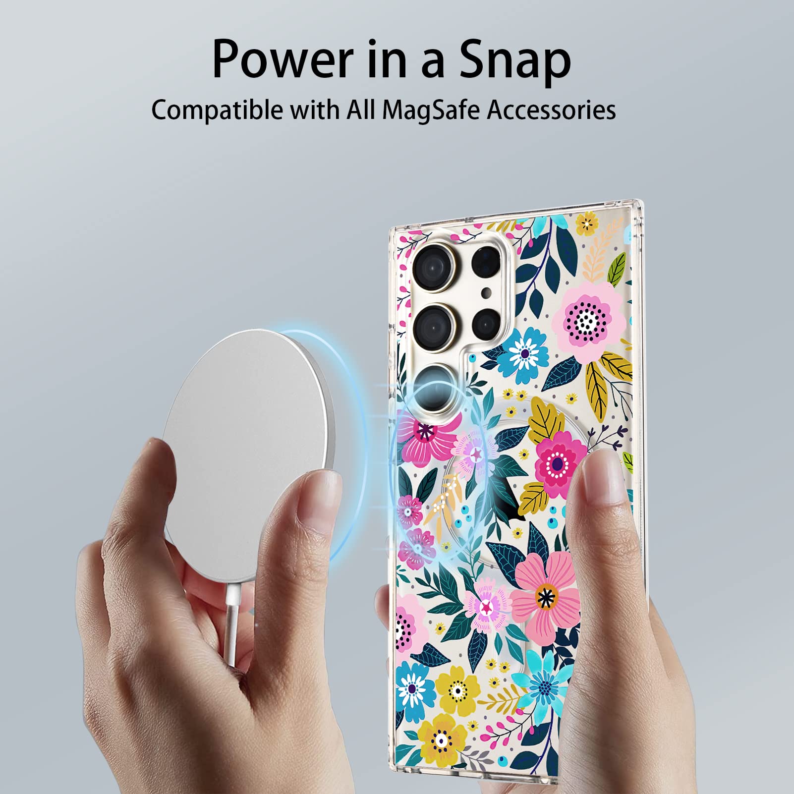 Tcaraersing Crystal Clear Flower Magnetic Case for Samsung Galaxy S23 Ultra MagSafe PC Back Cover Soft TPU Edges Slim Thin Shockproof Silicone Floral Pattern Girl Women S23 Ultra 6.8'' Colorful Floral