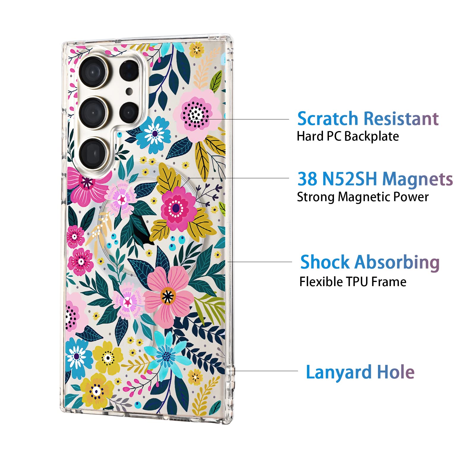 Tcaraersing Crystal Clear Flower Magnetic Case for Samsung Galaxy S23 Ultra MagSafe PC Back Cover Soft TPU Edges Slim Thin Shockproof Silicone Floral Pattern Girl Women S23 Ultra 6.8'' Colorful Floral