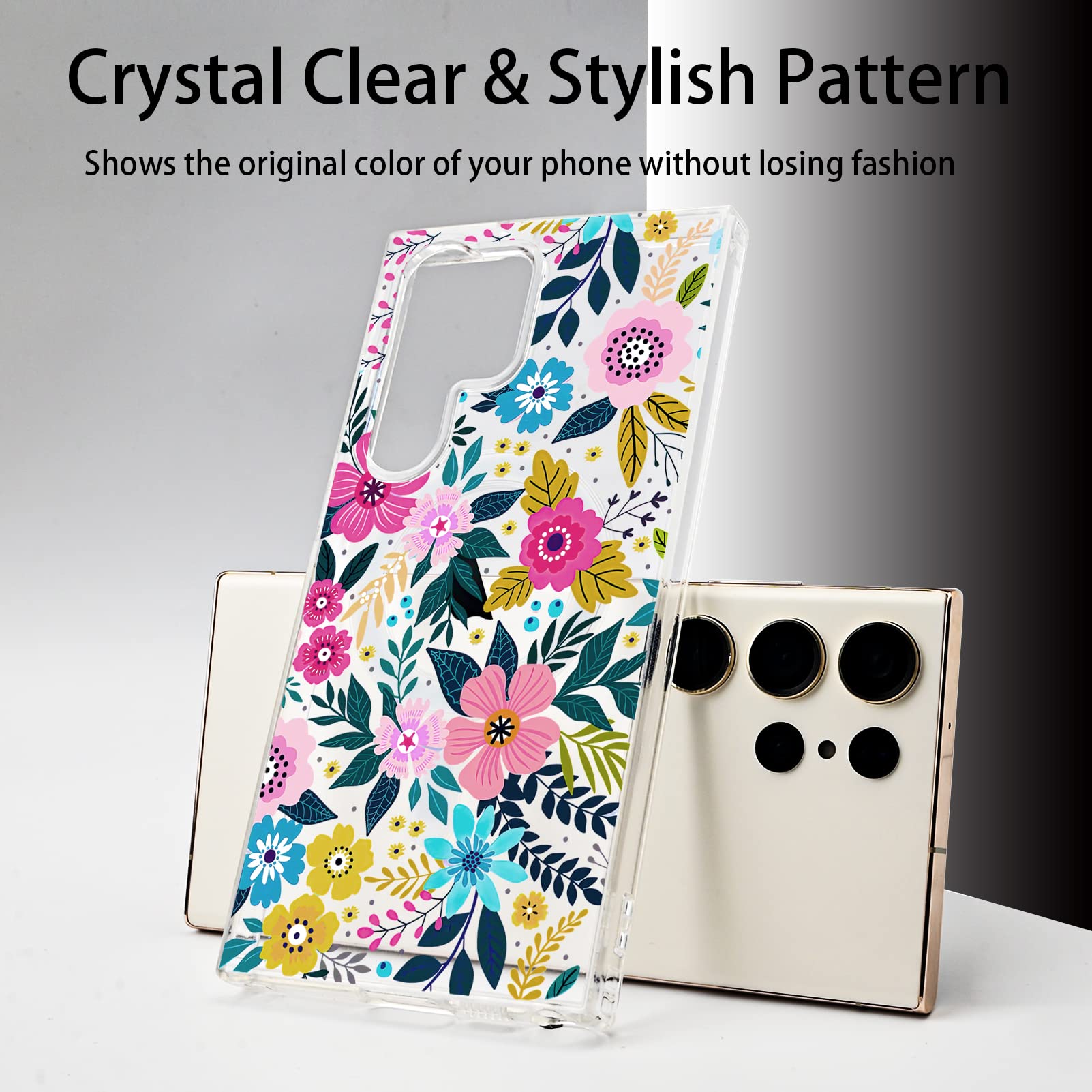 Tcaraersing Crystal Clear Flower Magnetic Case for Samsung Galaxy S23 Ultra MagSafe PC Back Cover Soft TPU Edges Slim Thin Shockproof Silicone Floral Pattern Girl Women S23 Ultra 6.8'' Colorful Floral