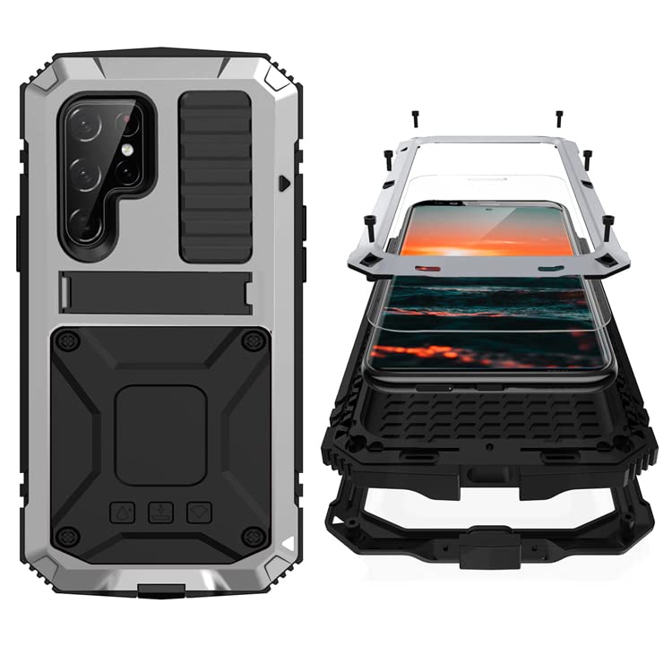 Simicoo Samsung S23 Ultra Metal Case with Screen Protector Camera Cover Military Rugged Heavy Duty S23 Ultra Case Metal Kickstand Full Body Tough Dustproof Shockproof for Samsung S23 Ultra (Sliver)