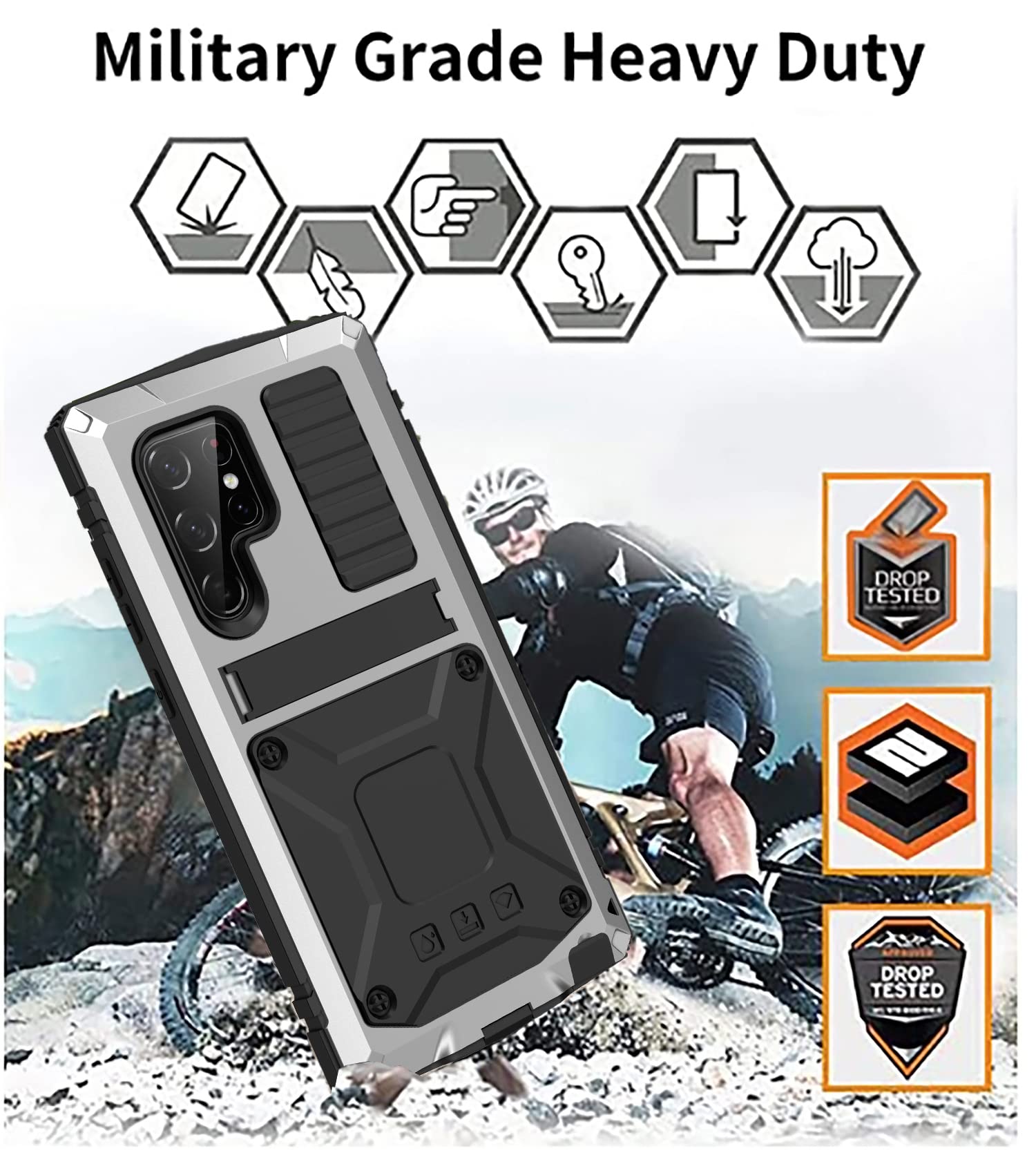 Simicoo Samsung S23 Ultra Metal Case with Screen Protector Camera Cover Military Rugged Heavy Duty S23 Ultra Case Metal Kickstand Full Body Tough Dustproof Shockproof for Samsung S23 Ultra (Sliver)