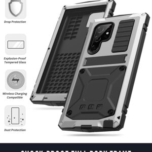 Simicoo Samsung S23 Ultra Metal Case with Screen Protector Camera Cover Military Rugged Heavy Duty S23 Ultra Case Metal Kickstand Full Body Tough Dustproof Shockproof for Samsung S23 Ultra (Sliver)