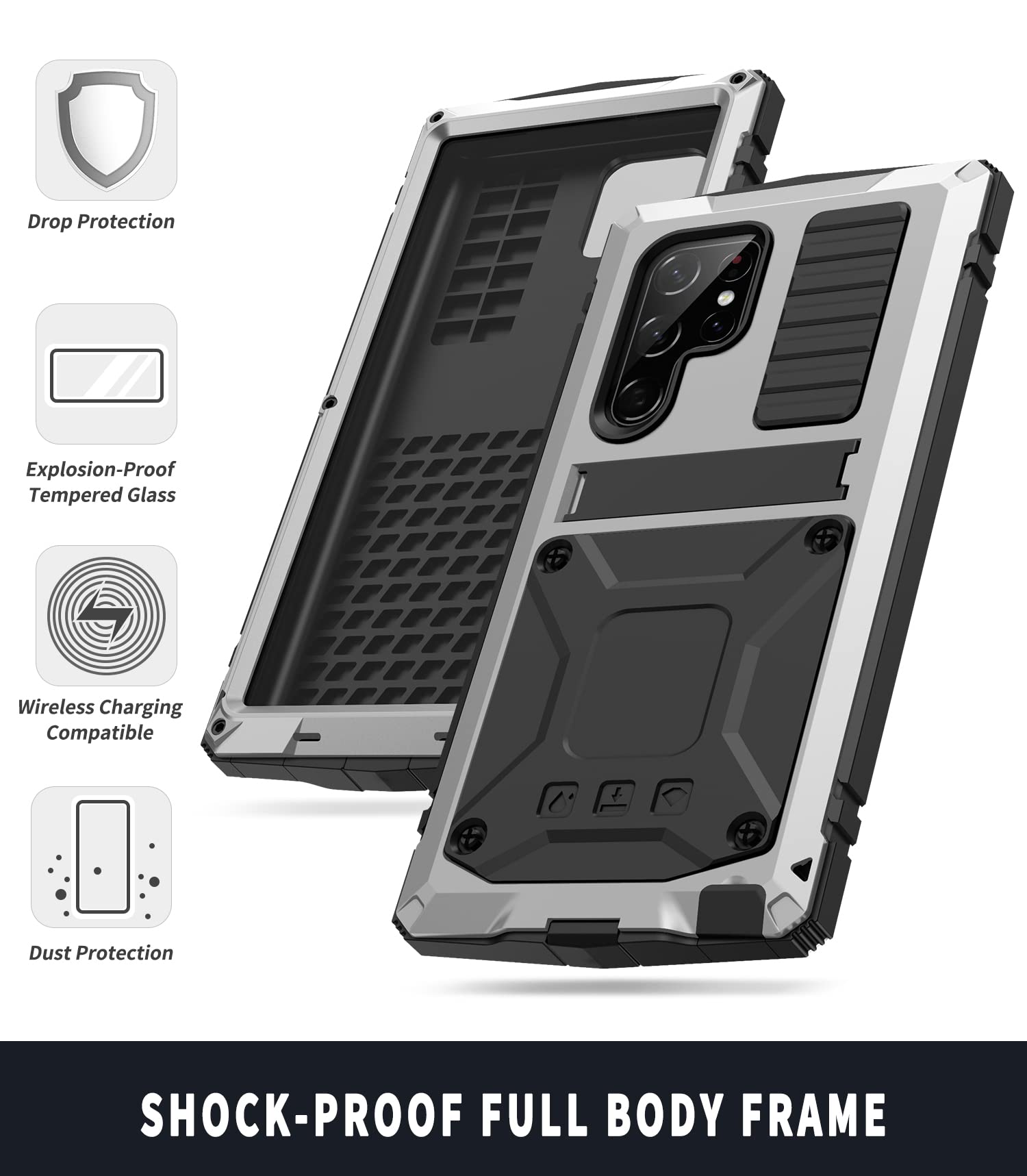 Simicoo Samsung S23 Ultra Metal Case with Screen Protector Camera Cover Military Rugged Heavy Duty S23 Ultra Case Metal Kickstand Full Body Tough Dustproof Shockproof for Samsung S23 Ultra (Sliver)