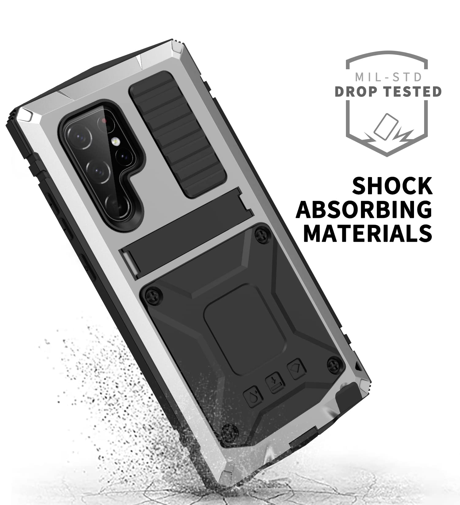 Simicoo Samsung S23 Ultra Metal Case with Screen Protector Camera Cover Military Rugged Heavy Duty S23 Ultra Case Metal Kickstand Full Body Tough Dustproof Shockproof for Samsung S23 Ultra (Sliver)