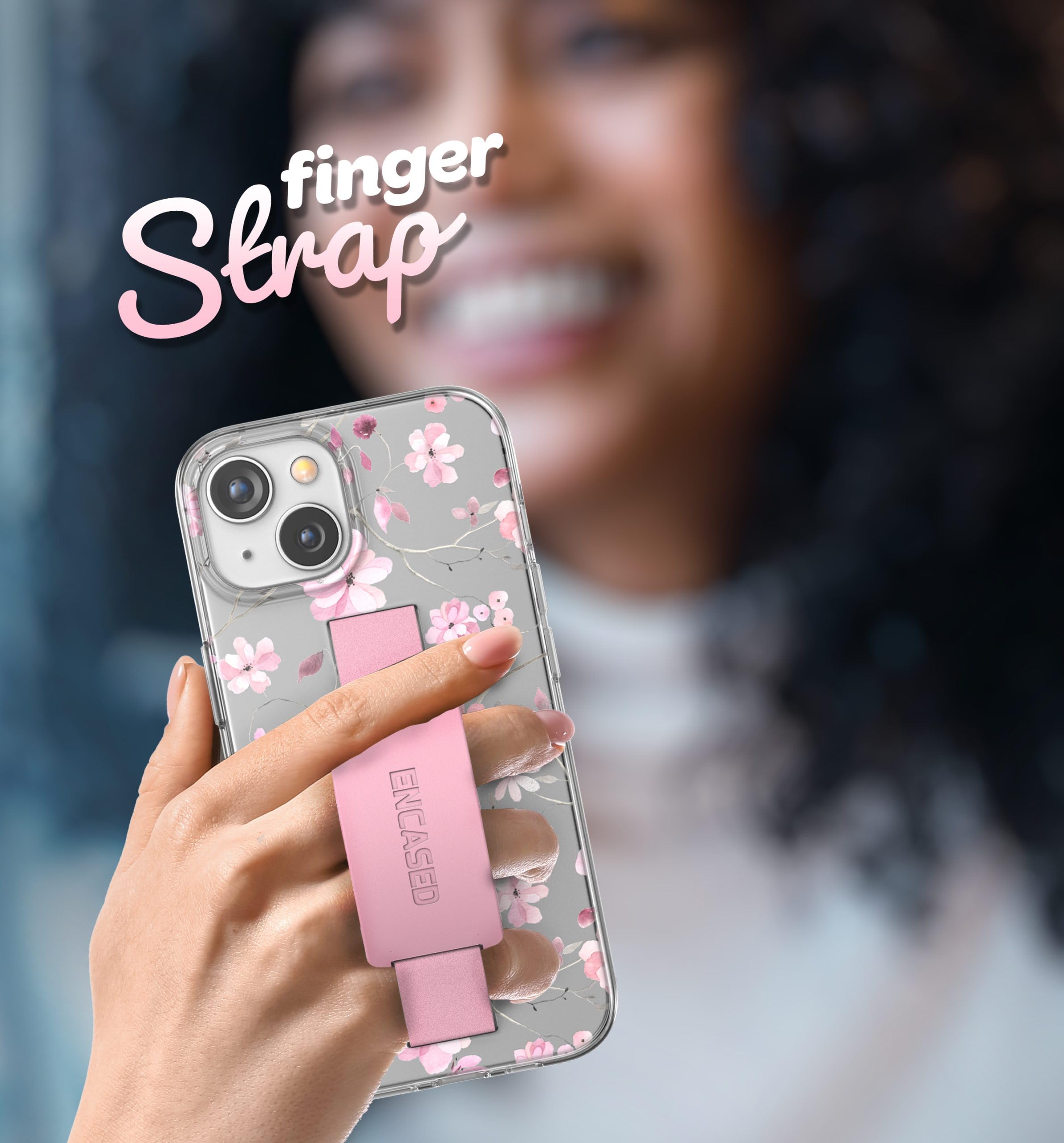 ENCASED Finger Loop Case, Designed for iPhone 15 Plus (2023) Hand Strap Clear Cover with Silicone Grip Phone Holder (Pink Flowers)