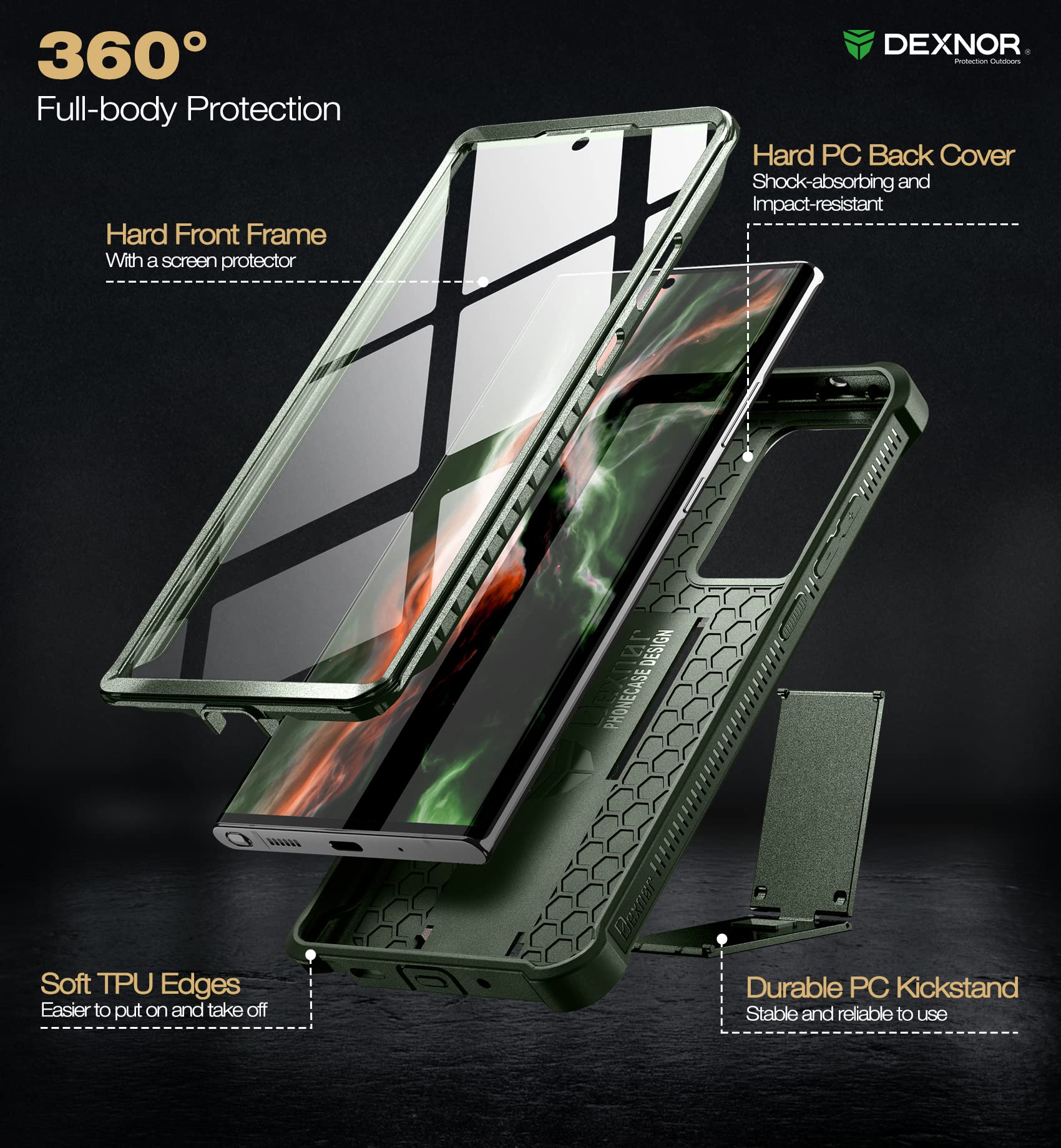 Dexnor for Samsung Galaxy Note 20 Ultra 5G Case, [Built in Screen Protector and Kickstand] Heavy Duty Military Grade Protection Shockproof Protective Cover for Samsung Galaxy Note 20 Ultra, Army Green