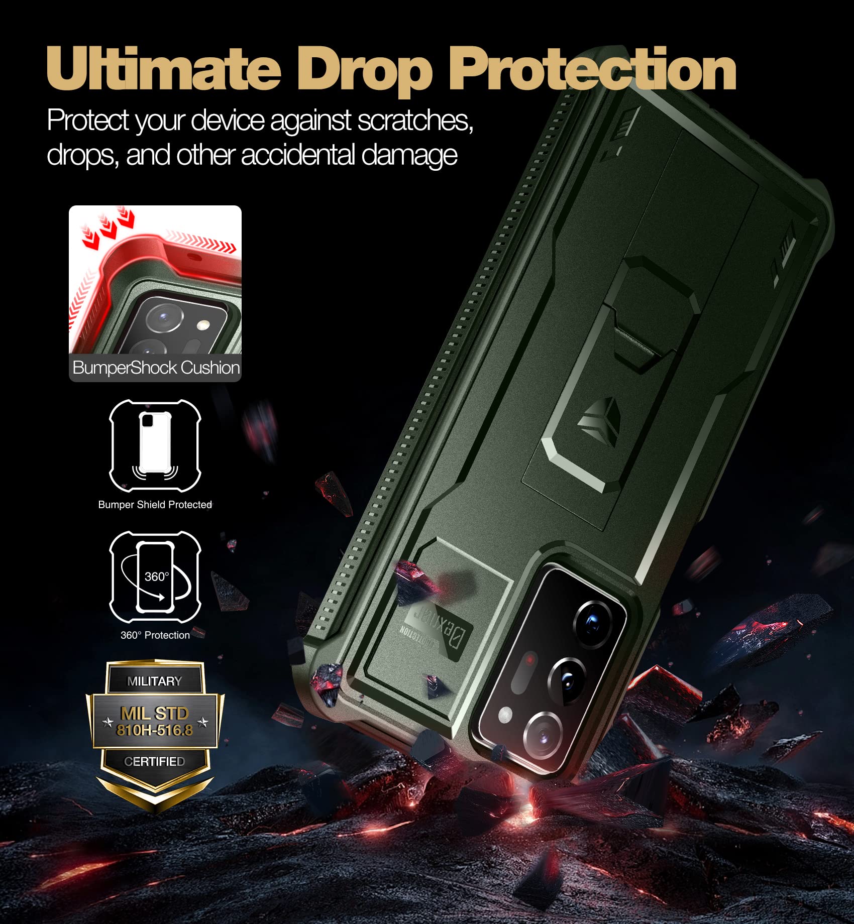 Dexnor for Samsung Galaxy Note 20 Ultra 5G Case, [Built in Screen Protector and Kickstand] Heavy Duty Military Grade Protection Shockproof Protective Cover for Samsung Galaxy Note 20 Ultra, Army Green