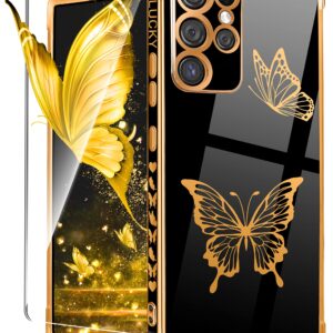 Coralogo for Samsung Galaxy S23 Ultra Case Butterfly for Women Girls Girly Pretty Phone Cases Cute Black and Gold Plating Butterflies Design with Screen Aesthetic Cover for S23 Ultra 2023 6.8''