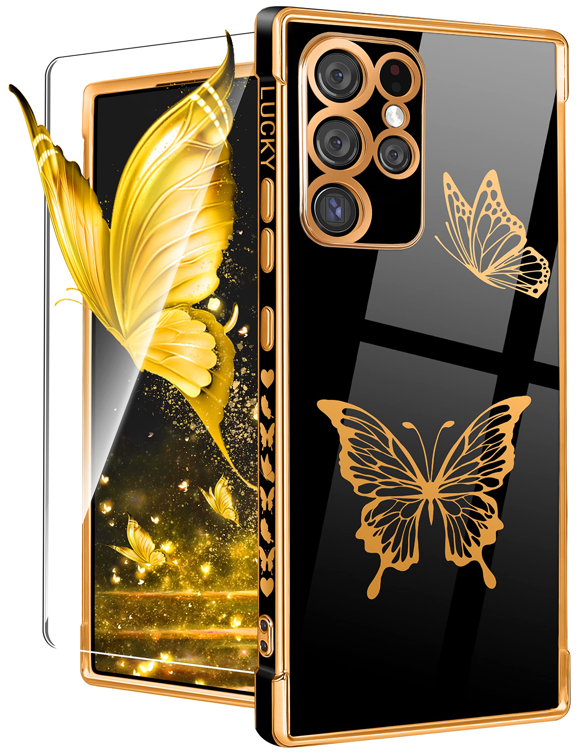 Coralogo for Samsung Galaxy S23 Ultra Case Butterfly for Women Girls Girly Pretty Phone Cases Cute Black and Gold Plating Butterflies Design with Screen Aesthetic Cover for S23 Ultra 2023 6.8''