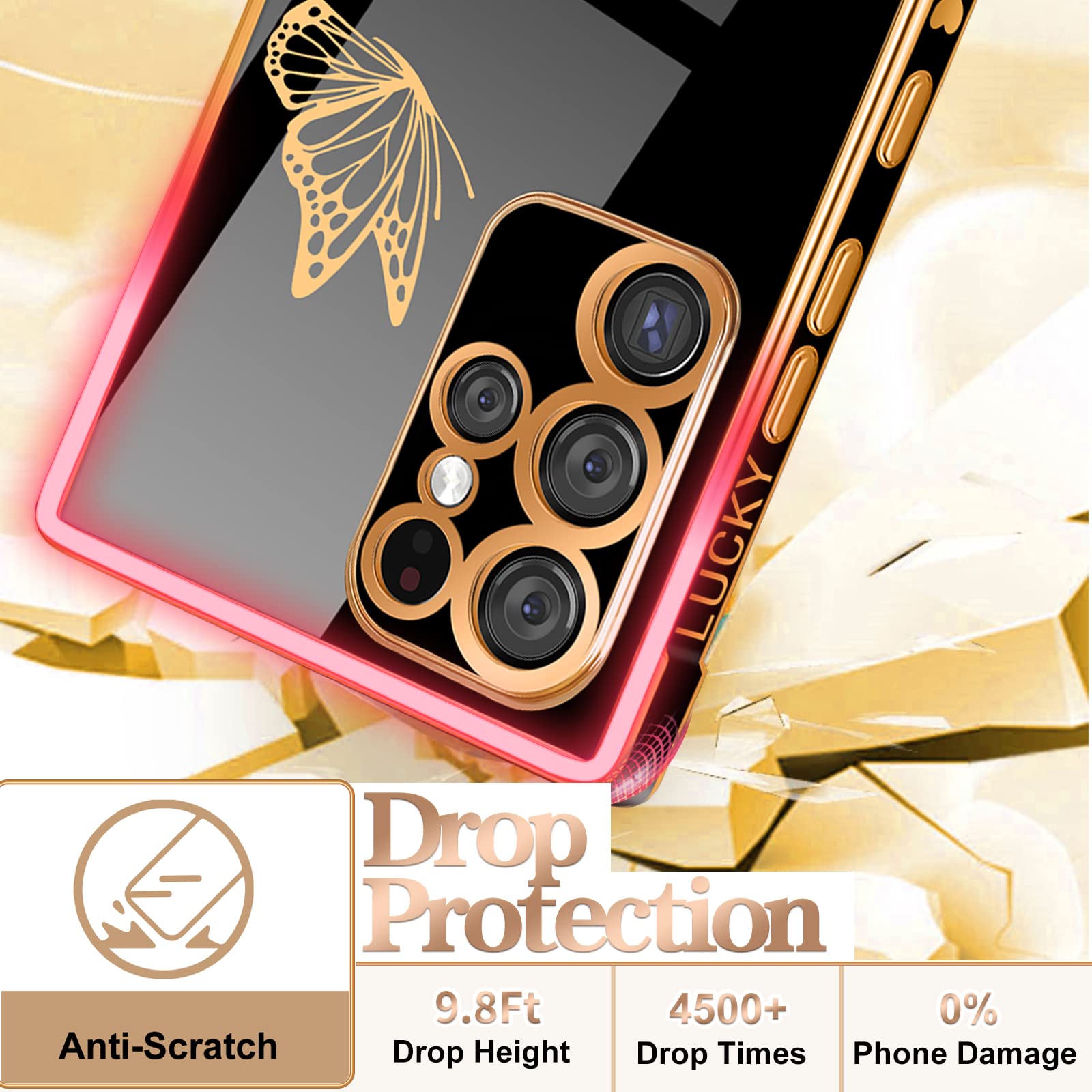 Coralogo for Samsung Galaxy S23 Ultra Case Butterfly for Women Girls Girly Pretty Phone Cases Cute Black and Gold Plating Butterflies Design with Screen Aesthetic Cover for S23 Ultra 2023 6.8''