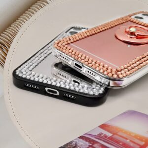 LUVI Compatible with iPhone 15 Pro Max Mirror Bling Case with Ring Cute Glitter Diamond Rhinestone Holder Loopy Finger Grip Kickstand Stand Luxury Fashion Cover for Women Girls Silver