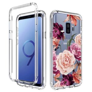 Bohefo Case for Galaxy S9+/S9 Plus G965U Case with Tempered Glass Screen Protector, Full Body Cute Floral Bumper Shockproof Protective Phone Case Cover for Samsung Galaxy S9 Plus (Purple Flower)