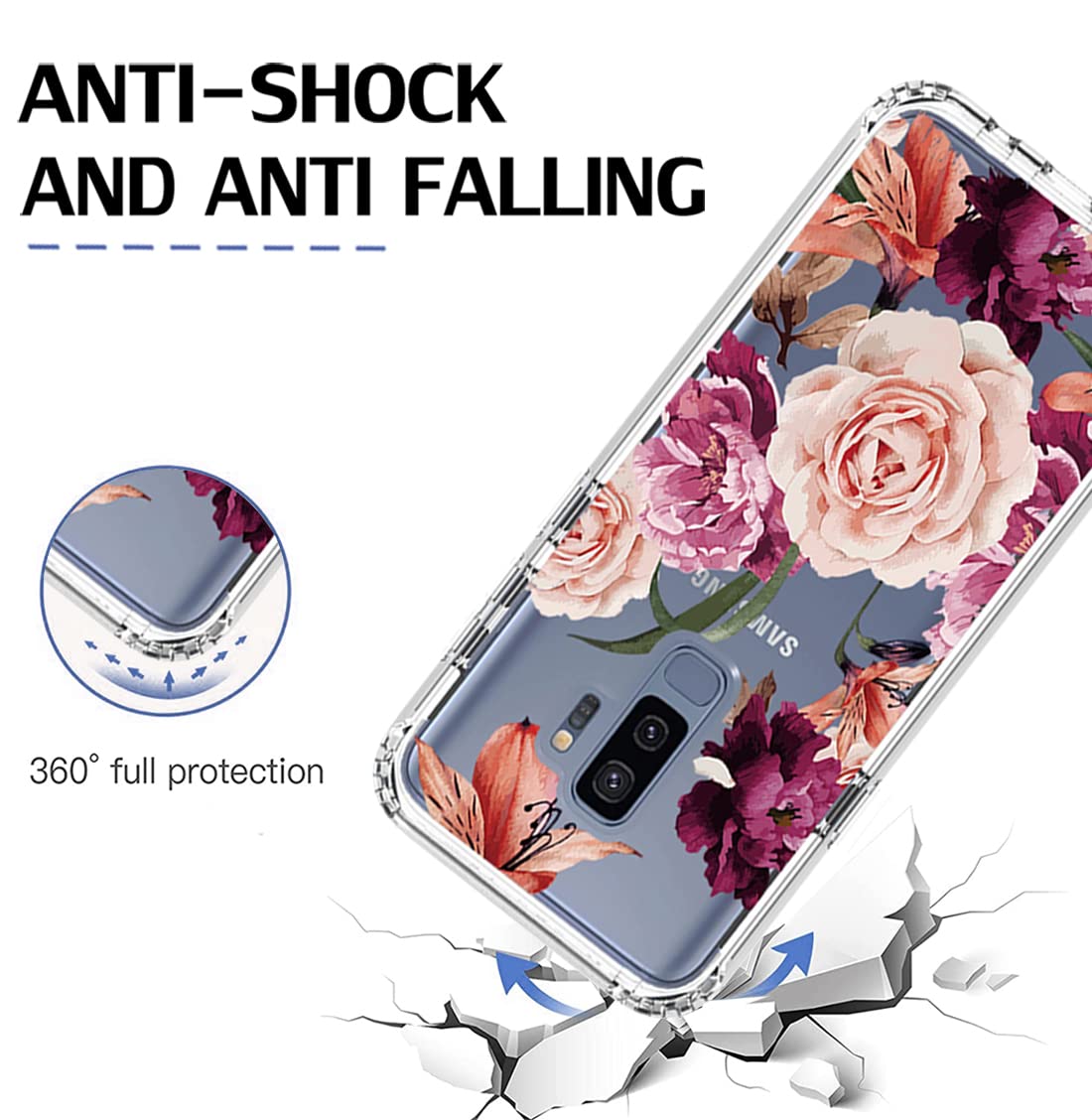 Bohefo Case for Galaxy S9+/S9 Plus G965U Case with Tempered Glass Screen Protector, Full Body Cute Floral Bumper Shockproof Protective Phone Case Cover for Samsung Galaxy S9 Plus (Purple Flower)