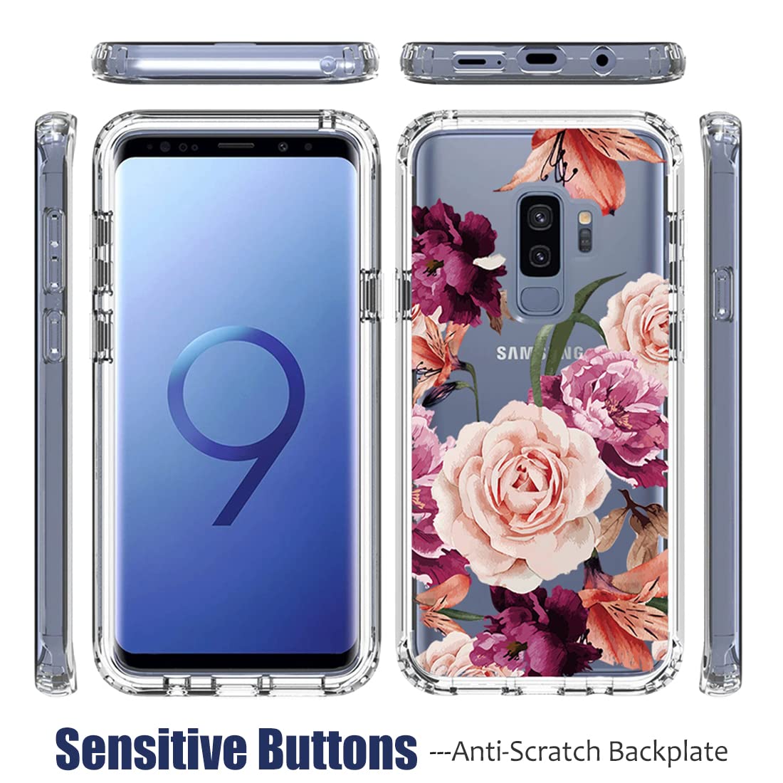 Bohefo Case for Galaxy S9+/S9 Plus G965U Case with Tempered Glass Screen Protector, Full Body Cute Floral Bumper Shockproof Protective Phone Case Cover for Samsung Galaxy S9 Plus (Purple Flower)