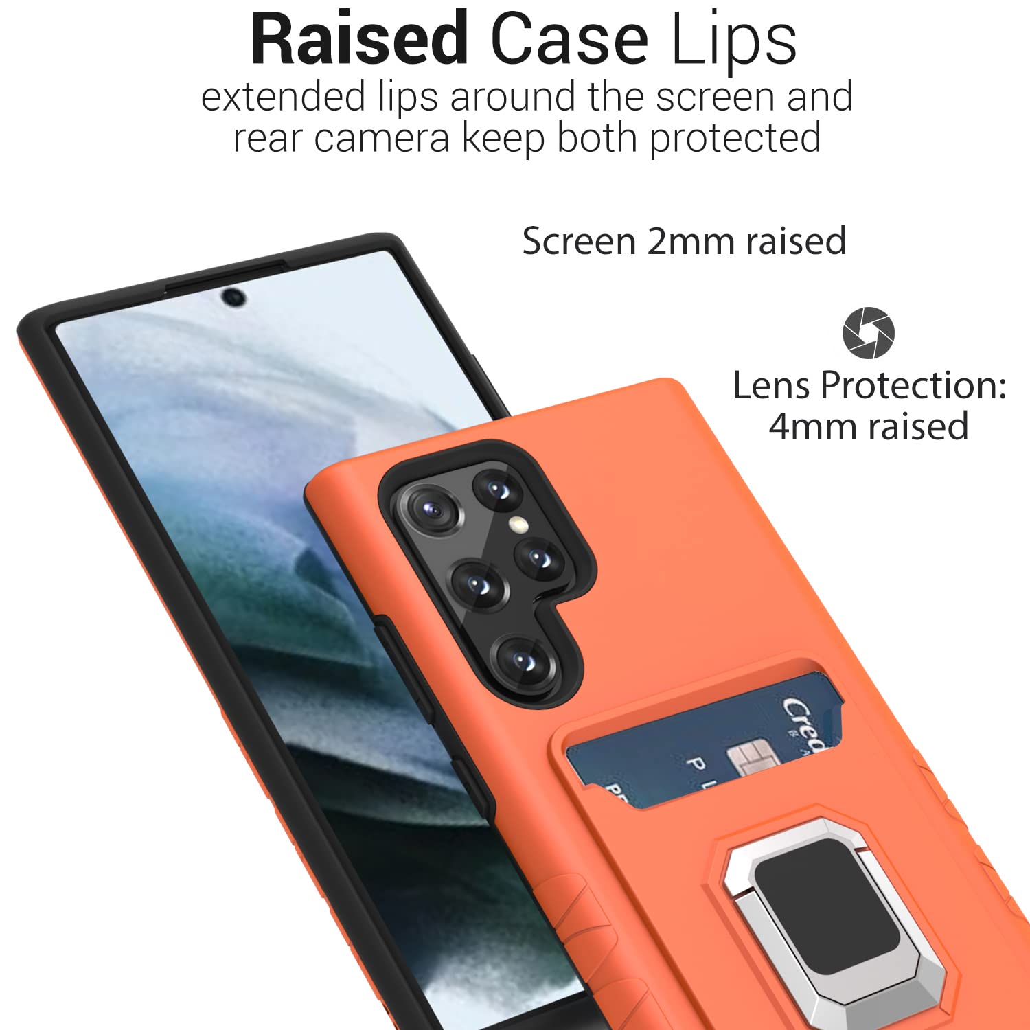 CoverON Designed for Samsung Galaxy S22 Ultra Case, Card Slot KickStand Ring Rugged Phone Cover - Orange