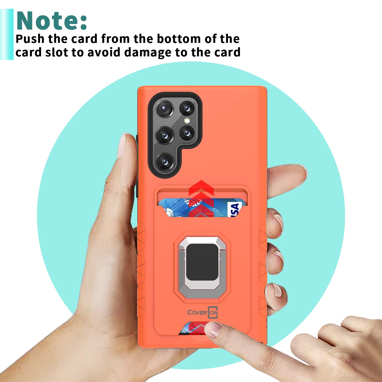 CoverON Designed for Samsung Galaxy S22 Ultra Case, Card Slot KickStand Ring Rugged Phone Cover - Orange