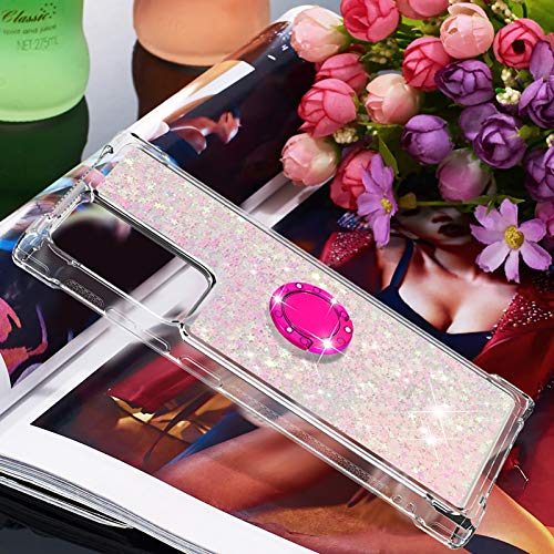 nincyee Shockproof Case for Samsung Galaxy Note20 Ultra,Glitter Bling Shine Diamond Heart Rainbow Quicksand Transparent TPU Shell with Rotating Finger Ring Kickstand