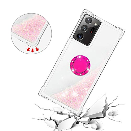 nincyee Shockproof Case for Samsung Galaxy Note20 Ultra,Glitter Bling Shine Diamond Heart Rainbow Quicksand Transparent TPU Shell with Rotating Finger Ring Kickstand