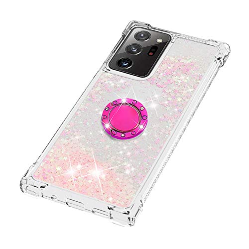 nincyee Shockproof Case for Samsung Galaxy Note20 Ultra,Glitter Bling Shine Diamond Heart Rainbow Quicksand Transparent TPU Shell with Rotating Finger Ring Kickstand