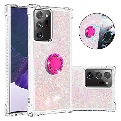 nincyee Shockproof Case for Samsung Galaxy Note20 Ultra,Glitter Bling Shine Diamond Heart Rainbow Quicksand Transparent TPU Shell with Rotating Finger Ring Kickstand