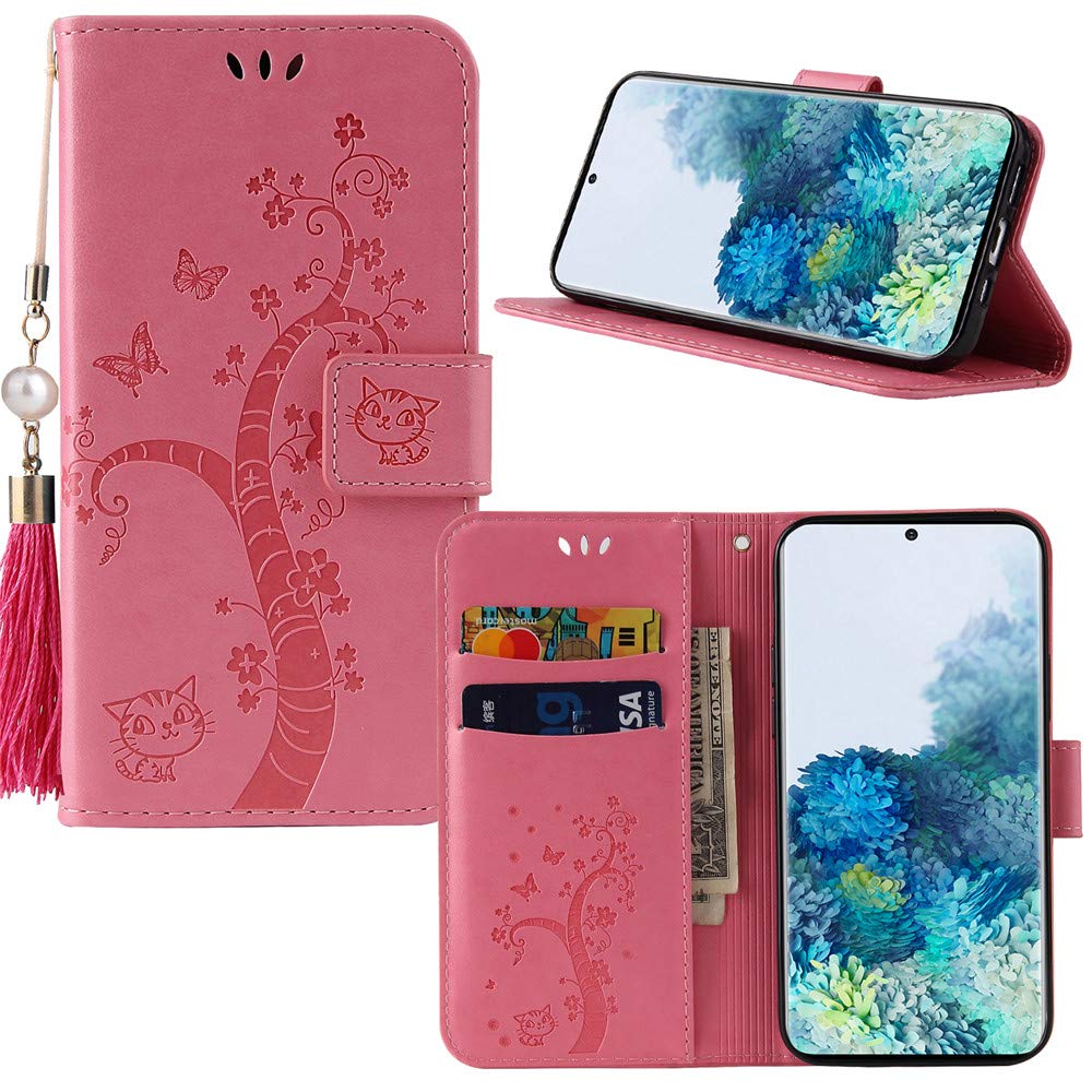 Gloryshop Lucky Flower Pattern Wallet Case for Samsung Galaxy Note 20 Ultra [Stand Feature][Wrist Strap][Card Slots] - Pink