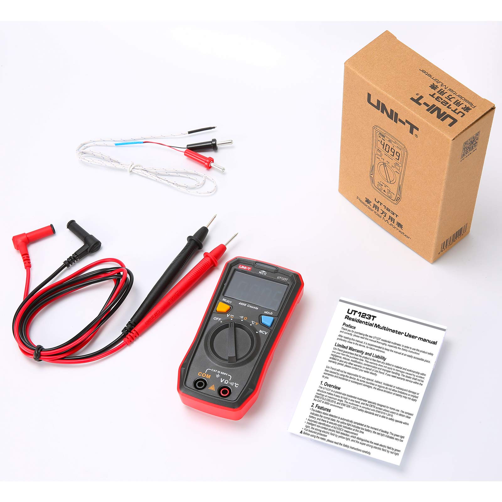 UNI-T Residential Multimeter Kit UT123T Digital Voltmeter Ohm Meter 4000 Counts Auto Ranging NCV with Test Leads Thermocouple