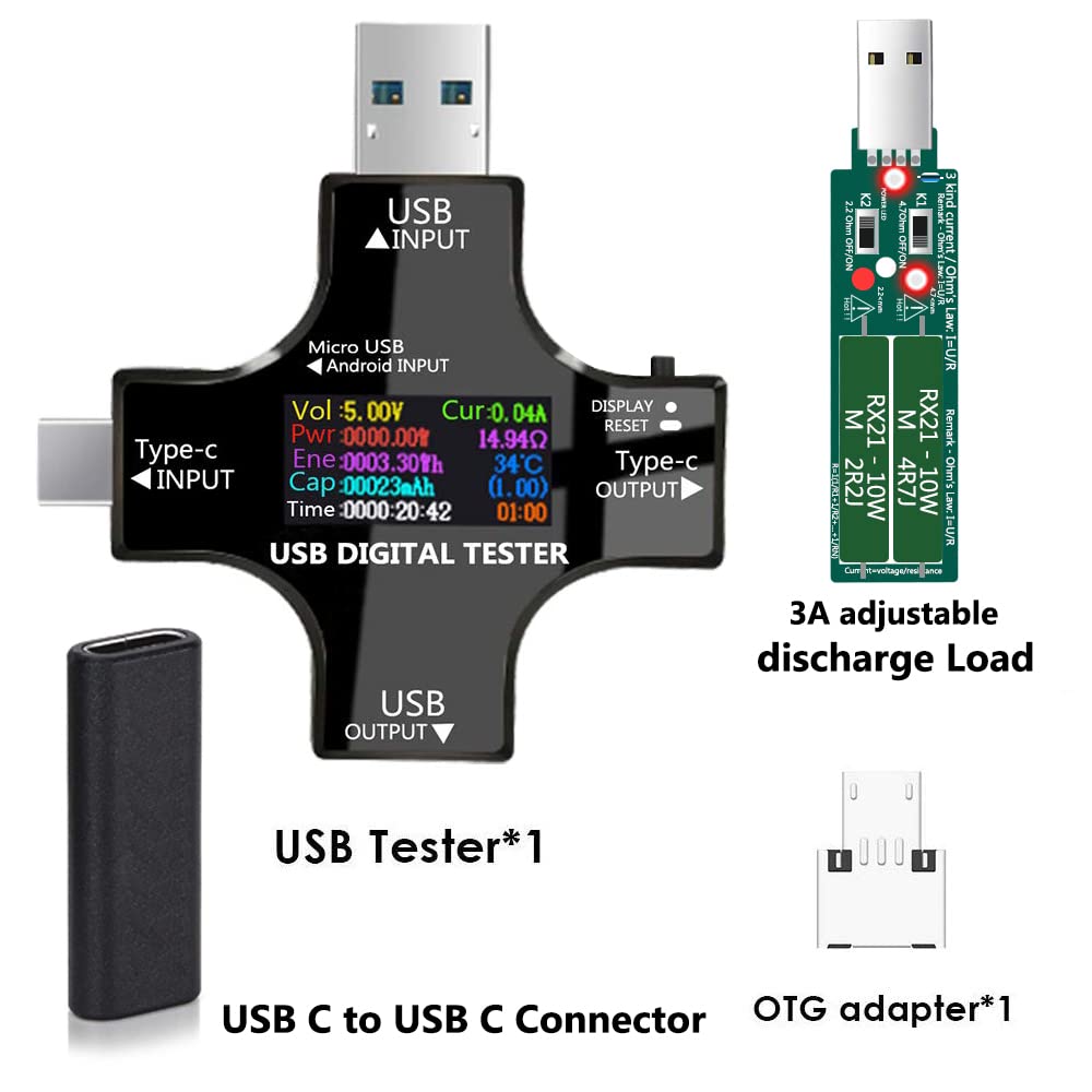 USB C Tester,KJ-KayJI 2 in 1 Tester IPS Digital Multimeter(2024),Voltage,Cur,Pwr,Resistance,Elec,Temp,Capacity,Tme,Fast Charging,with 3A Discharge Load Support PD2.0/PD3.0,QC2.0/QC3.0,BC1.2