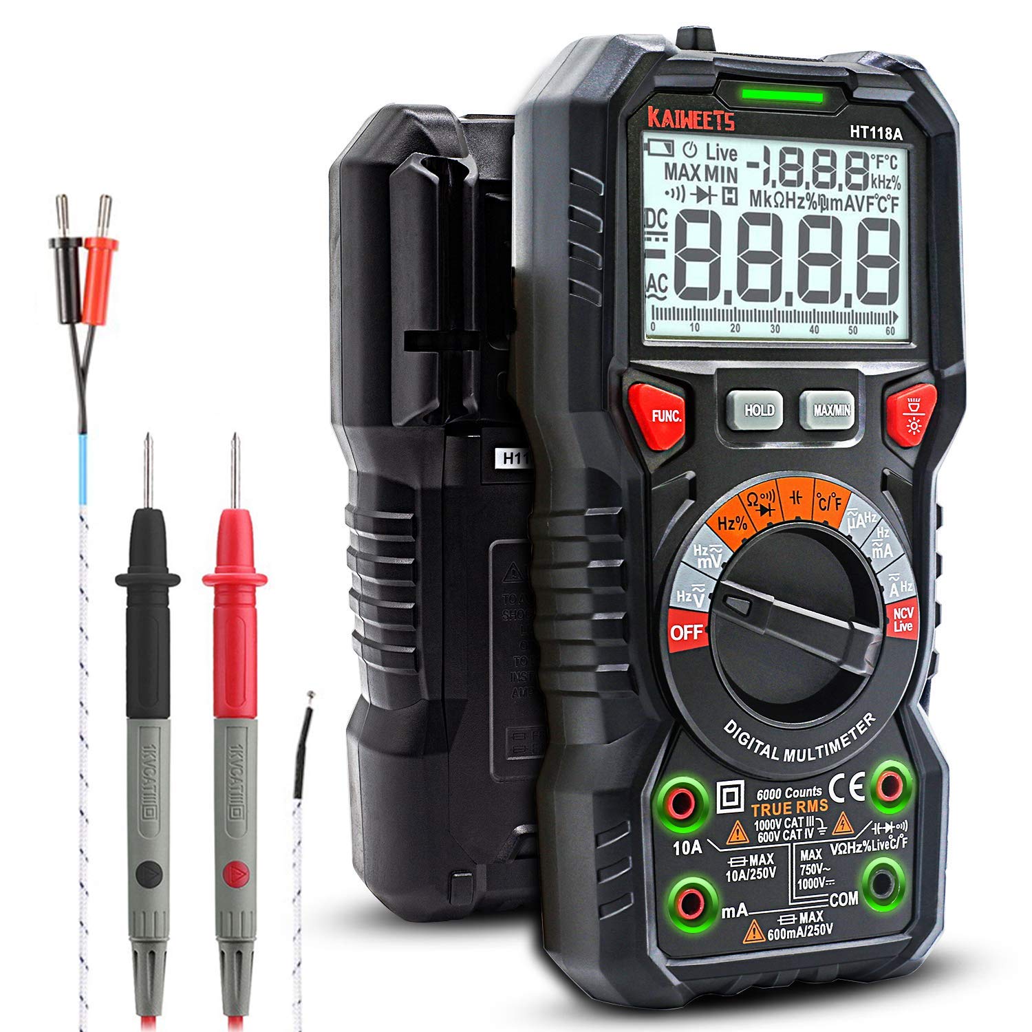 KAIWEETS Digital Multimeter TRMS 6000 Counts Ohmmeter with 5PCS Alligator Clips Electrical Test Leads Set, Multimeter Measures Voltage Current Amp Resistance Diodes Continuity Duty-Cycle Capacitance T