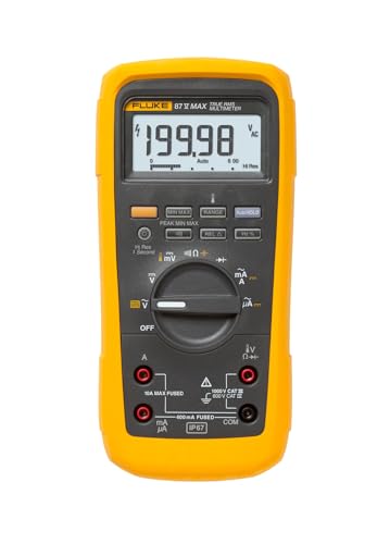 Fluke 87V MAX True-RMS Digital Multimeter, Rugged, Waterproof and Dustproof IP67 Rated, Up to 800 Hour Battery Capacity, Built-In Thermometer, Withstands Drops Up To 13 Feet, Includes TL175 Test Leads