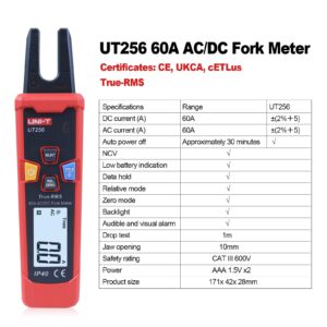 UNI-T AC/DC Open Jaw fork meter 60A 600V auto-ranging True RMS Electrical Tester Non-Contact Voltage Meter UT256