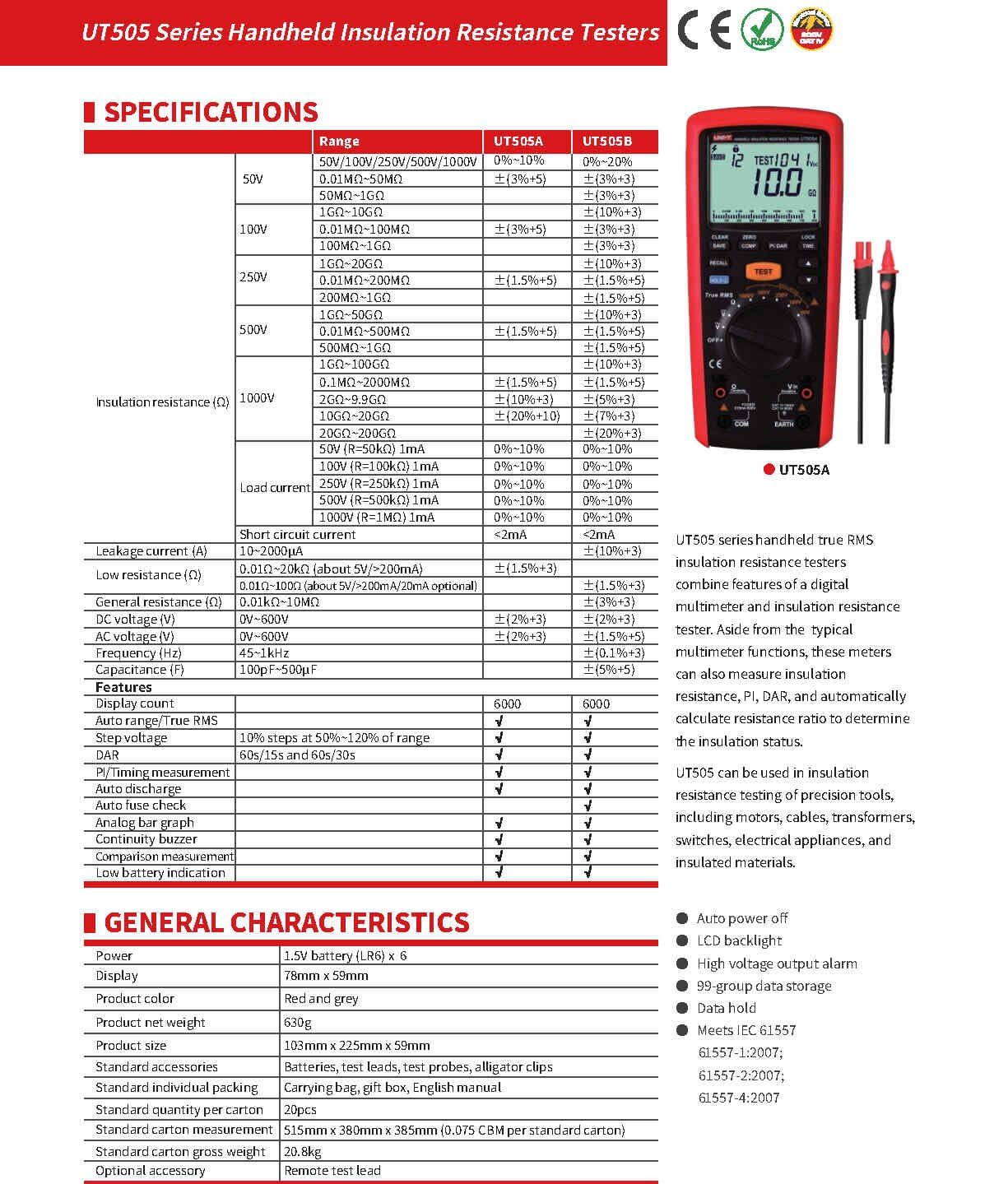 UNI-T UT505A 505B 1000V Digital Handheld True RMS Megger Insulation Resistance Meter Tester Multimeter Ohm Voltmeter Megohmmeter(UT505A)