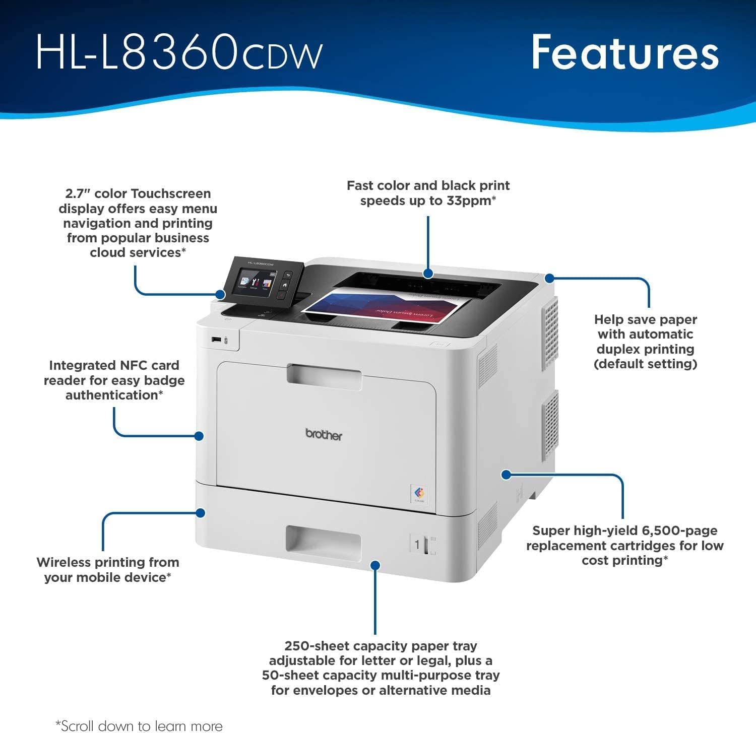 Brother HL-L8360CDW Business Color Laser Printer, 33ppm, Ethernet, 2.7” Color Touch LCD, Auto 2-Sided Printing, NFC Connectivity, PCM