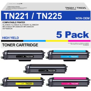 tn221 tn225 toner cartridge high yield replacement for brother tn 221 tn 225 compatible with mfc-9130cw hl-3170cdw hl-3140cw hl-3180cdw mfc-9330cdw (2 black, 1 cyan, 1 magenta, 1 yellow, 5 pack)