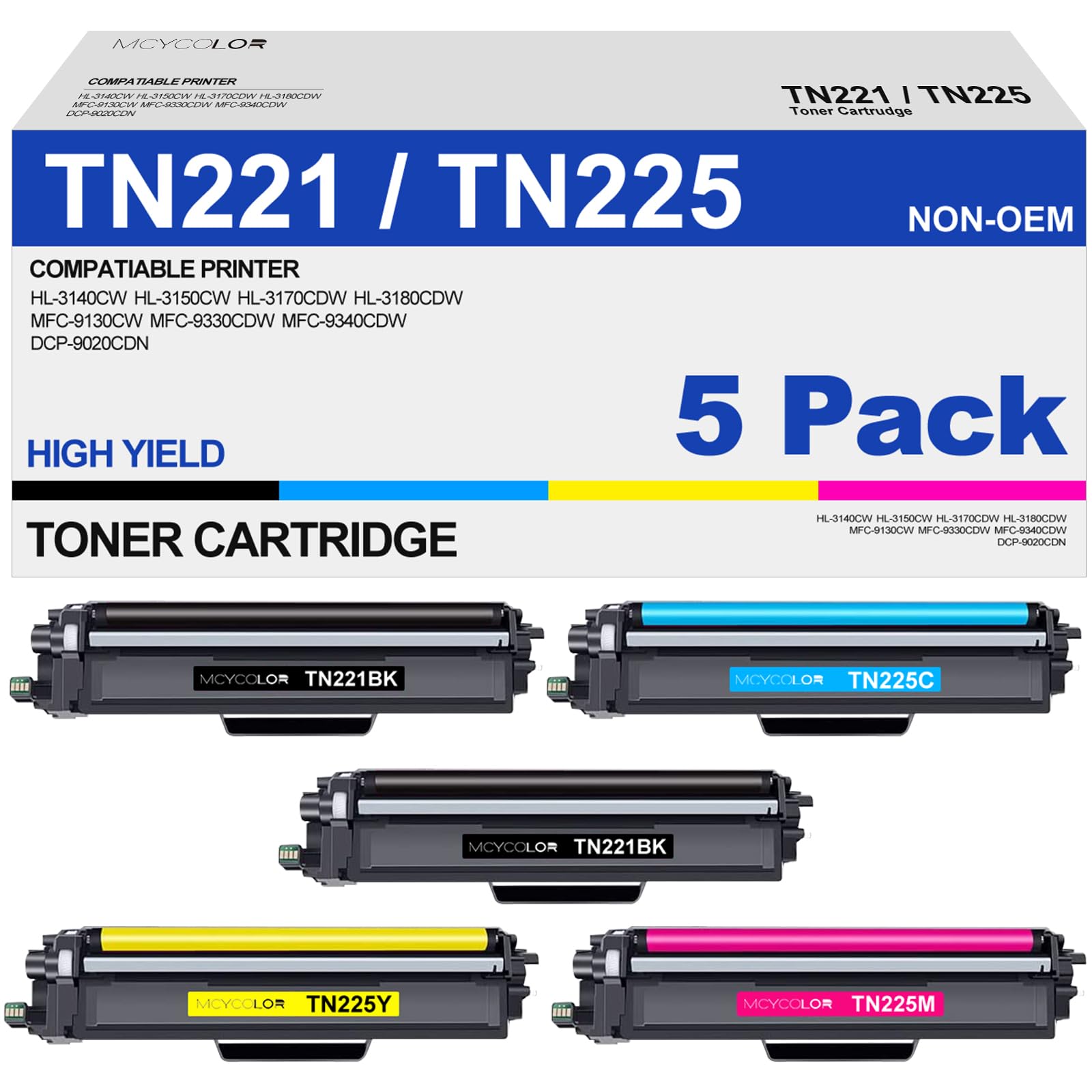 TN221 TN225 Toner Cartridge High Yield Replacement for Brother TN 221 TN 225 Compatible with MFC-9130CW HL-3170CDW HL-3140CW HL-3180CDW MFC-9330CDW (2 Black, 1 Cyan, 1 Magenta, 1 Yellow, 5 Pack)