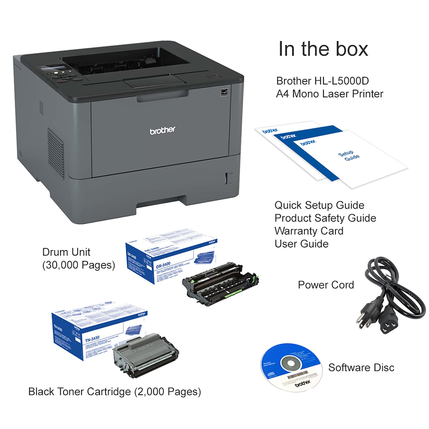 Brother HL-L5000D Wired Monochrome Single-Function Laser Printer with Parallel and USB Connectivity, Gray - Print only - 42 ppm, 1200 x 1200 dpi, 8.5" x 14" Legal, 256MB Memory, Auto Duplex Printing