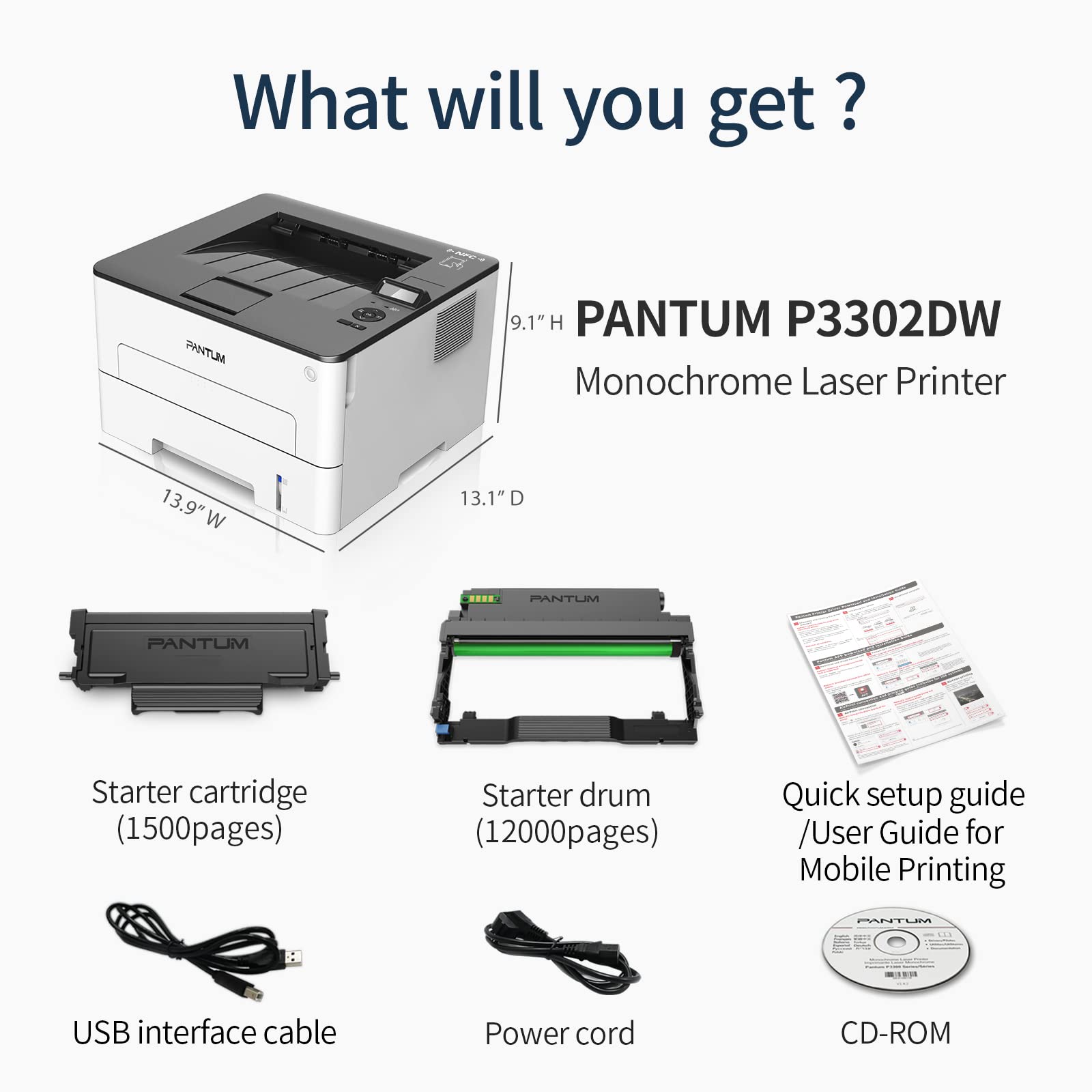 Pantum P3012DW Monochrome Laser Printer, Wireless Printing & Auto Two-Sided Printing for Home and Small Office Use (V4G09B)