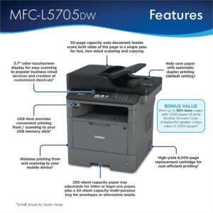 Brother MFC-L5705DW All-in-One Wireless Monochrome Laser Printer, Print Copy Scan Fax, Duplex (2-Sided), Ethernet, Hi-Speed USB 2.0, 42ppm, 1200x1200 dpi, 3.7" Touch LCD, PCM