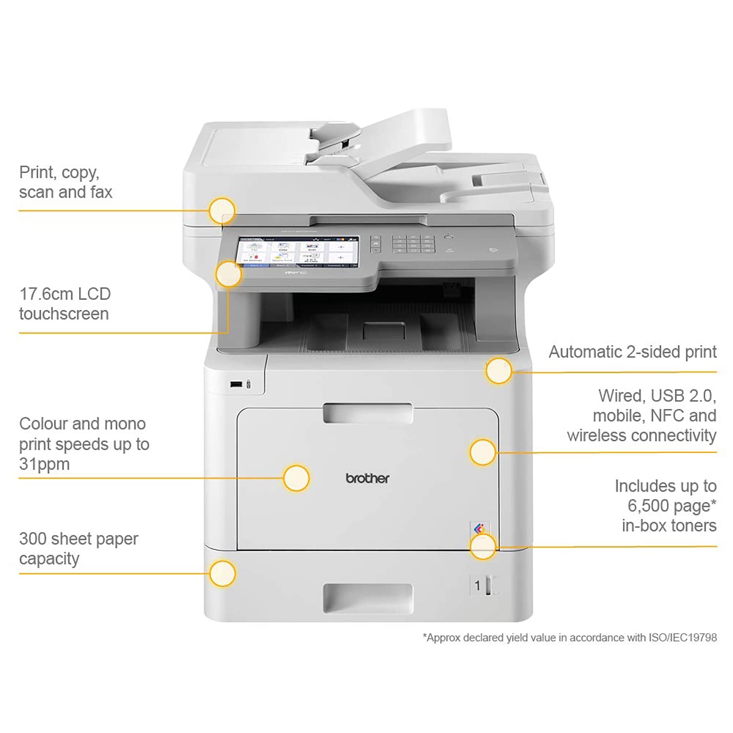 Brother MFC-L9570CDW Business Wireless Color Laser All-in-One Printer - Print Copy Scan Fax - 7" Touchscreen, 33 ppm, 600 x 2400 dpi, Auto 2-Sided Printing, 1GB Memory, 80-Sheet ADF, NFC, Ethernet