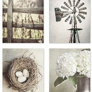 Lisa Russo Fine Art - Farmhouse Wall Decor Set of 4 SMALL 5x7" Unframed Prints, Beige Brown Neutral Country Rustic Artwork, Farm Pictures for Kitchen, Living Room or Bathroom Decor