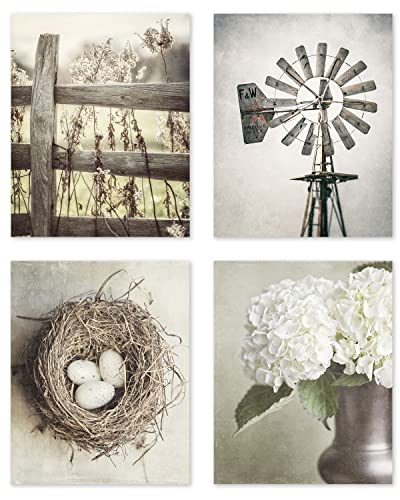 Lisa Russo Fine Art - Farmhouse Wall Decor Set of 4 SMALL 5x7" Unframed Prints, Beige Brown Neutral Country Rustic Artwork, Farm Pictures for Kitchen, Living Room or Bathroom Decor