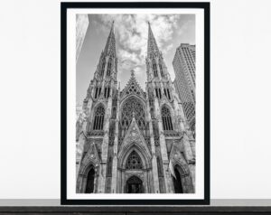 st patricks cathedral, rockefeller center, manhattan photo, church, art print, wall decor, black and white, new york city photography