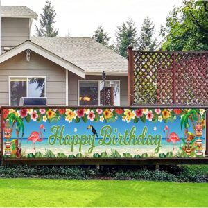 KYMY Long Hawaiian Luau Happy Birthday Backdrop Banner, Summer Floral Tropical Flamingo Birthday Sign with 118"X19.7", Hawaii Theme Photograph Background Supplies for Birthday Party Decorations