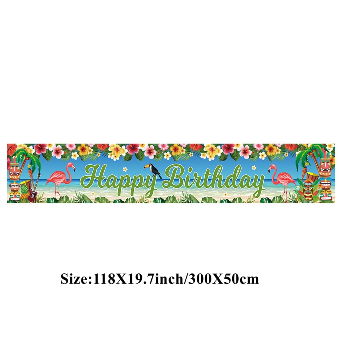 KYMY Long Hawaiian Luau Happy Birthday Backdrop Banner, Summer Floral Tropical Flamingo Birthday Sign with 118"X19.7", Hawaii Theme Photograph Background Supplies for Birthday Party Decorations