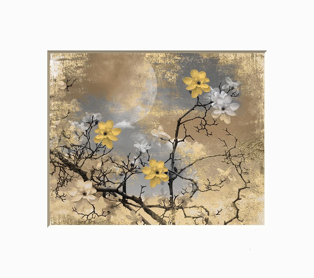 Yellow and Brown Rustic Flowers Moon Photography Art Matted Wall Decor Picture