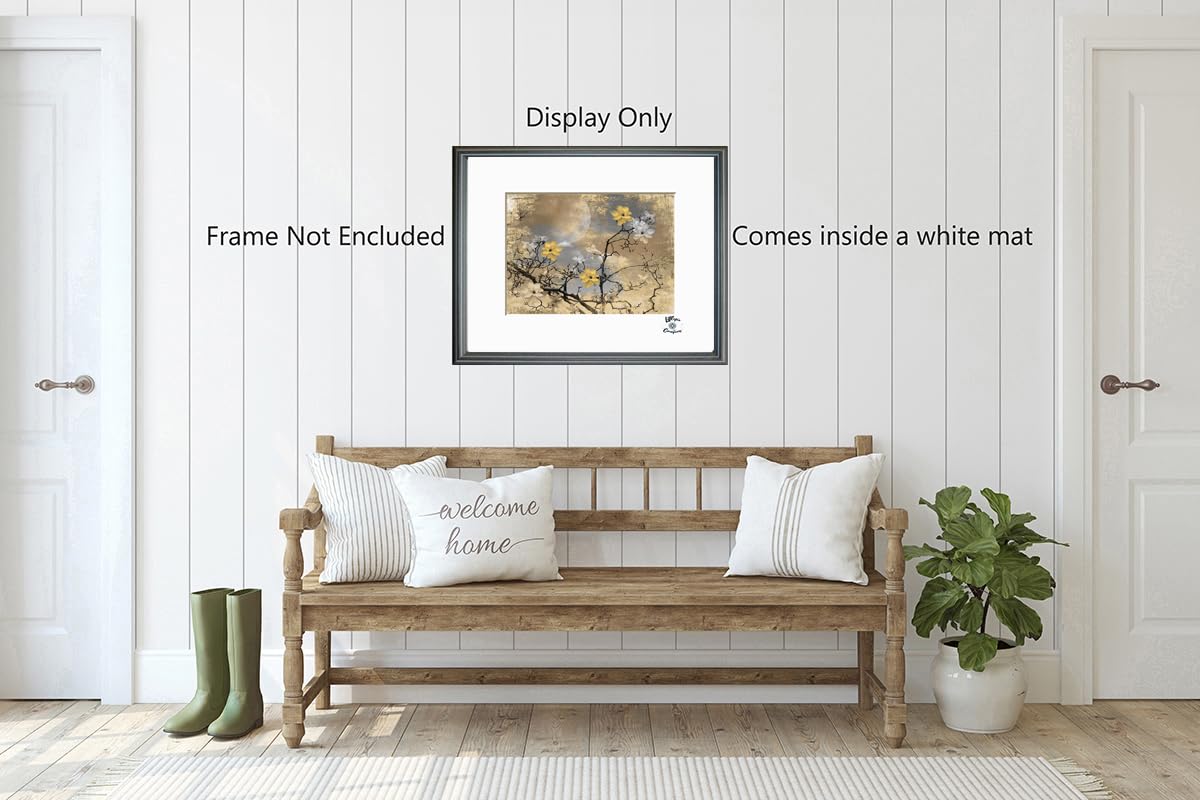 Yellow and Brown Rustic Flowers Moon Photography Art Matted Wall Decor Picture