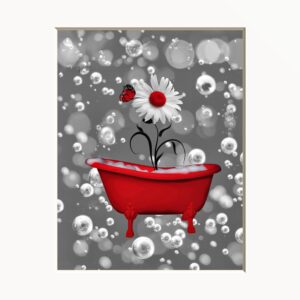 Red Bathroom Decor, Daisy Flowers Bubbles Tub 8x10 Print with 11x14 Mat Bath Red Wall Art Picture